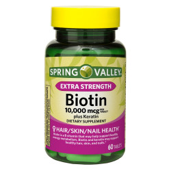 Spring Valley Extra Strength Biotin Plus Keratin Dietary Supplement;  10; 000 mcg;  60 Count